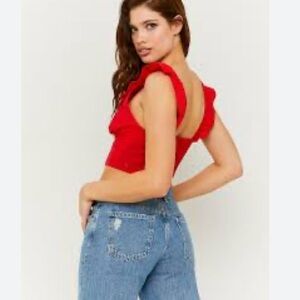 Marci- X- Small- Chic Red Ruffle Sleeve Tank Top Linen Ruffle Sleeve Viscose